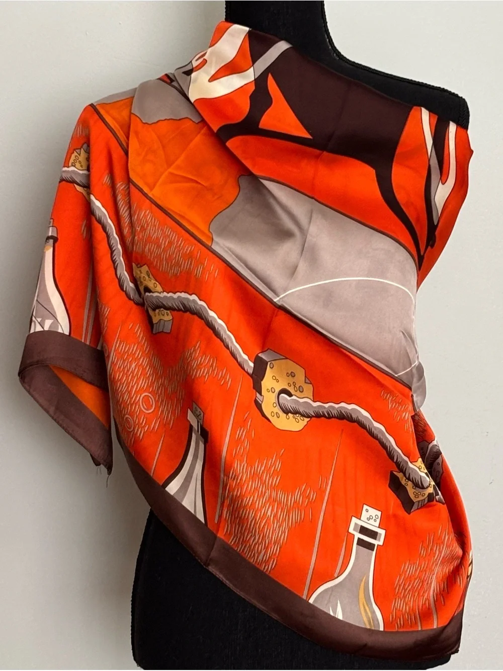 Luxury Orange Chain Print Silk Scarf
